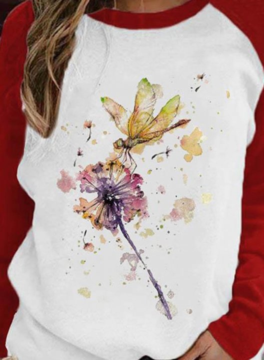 Women's Sweatshirt Casual Dandelion& Dragonfly Color Block Round Neck Long Sleeve Daily Sweatshirt