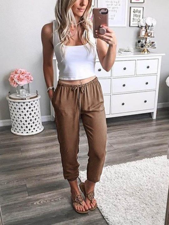 Women's Solid Cotton Loose Cropped Pants