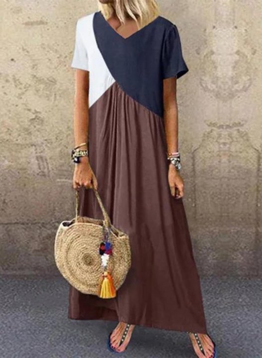 Women's Maxi Dresses Color Block Short Sleeve A-line V Neck Casual Daily Maxi Dress