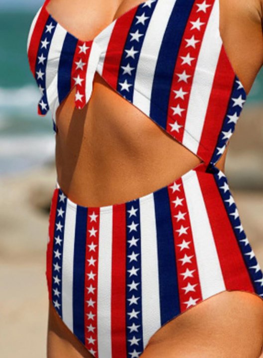 Women's One Piece Swimwear Color Block American Flag 4th Of July Spaghetti One-Piece Swimsuit