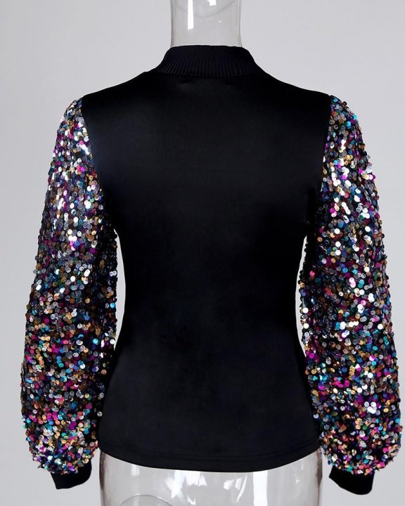 Mock Neck Lantern Sleeve Sequins Colorblock Insert Blouse