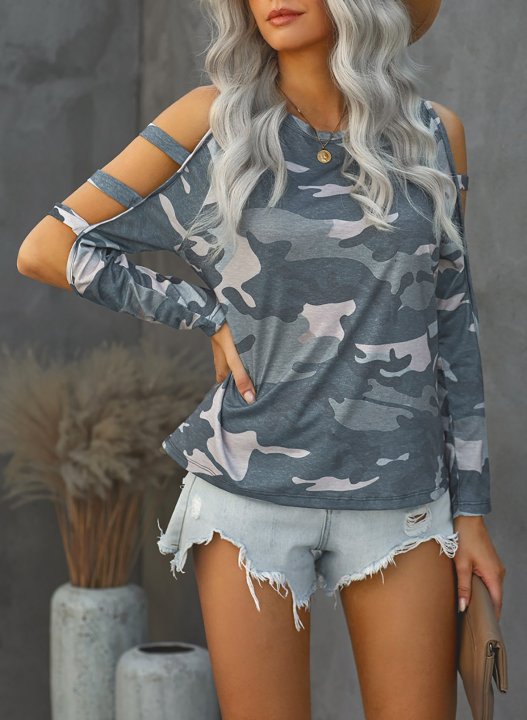 Camo Round Neck Long Sleeve Cut-out Cold Shoulder Sweatshirt