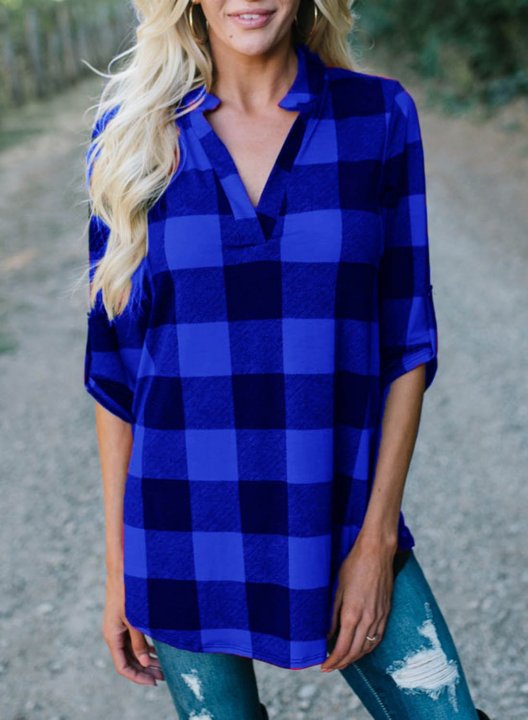 Women's Plaid V Neck Long Sleeve Shirts Casual Loose Blouse Tops