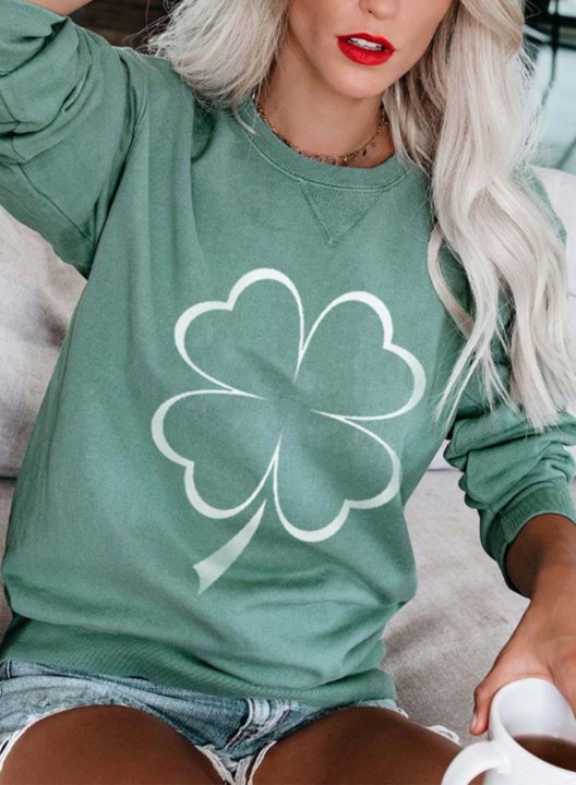 Women's Sweatshirts Four-leaf-clover Print Long Sleeve Round Neck Sweatshirt