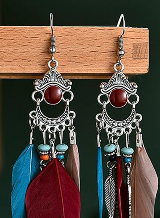 Women's Earrings Color Block Long Tassel Feather Earrings