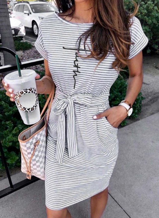 Women's Dress Striped Letter Round Neck Short Sleeve Pocket Belt Summer Daily Casual Midi Dress