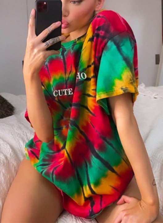 Women's Tie Dye T-shirts Letter Multicolor Print Short Sleeve Round Neck Daily T-shirt