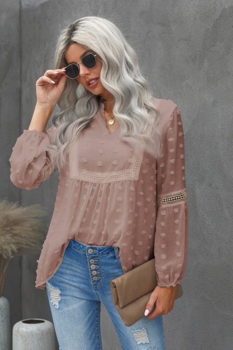 Ruffled Split Neck Lace Hollow Out Puff Sleeve Polka Dot Blouse