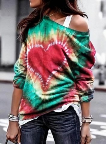 Women's Tie Dye Heart Print Sweatshirts Off-shoulder Long Sleeve Color Block Casual Sweatshirts