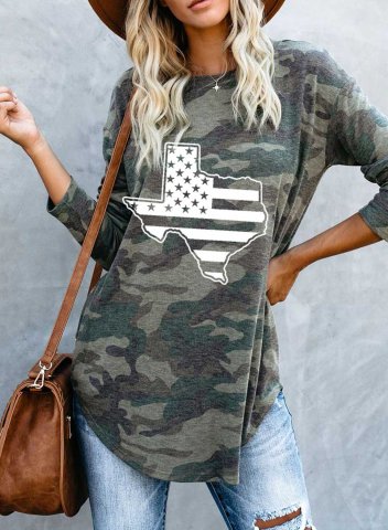 Women's Texas independence day Tunic Tops Camouflage Flag Long Sleeve Round Neck Asymmetric Daily Casual Tunics