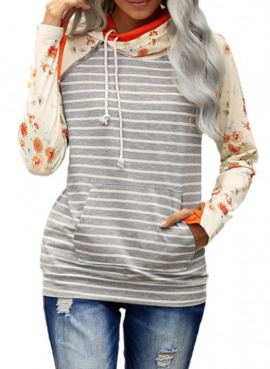 Orange Floral Print Casual Hoodie