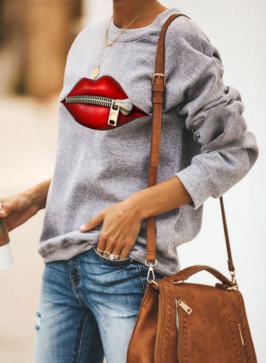 Solid Long Sleeve Round Neck Lips Print Sweatshirt