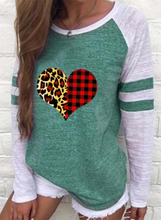 Women's T-shirts Striped Leopard Color Block Heart-shaped Print Long Sleeve Round Neck Daily T-shirt