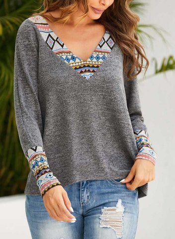 Women's Sweatshirts Aztec Print V Neck Long Sleeve Solid Casual Sweatshirts