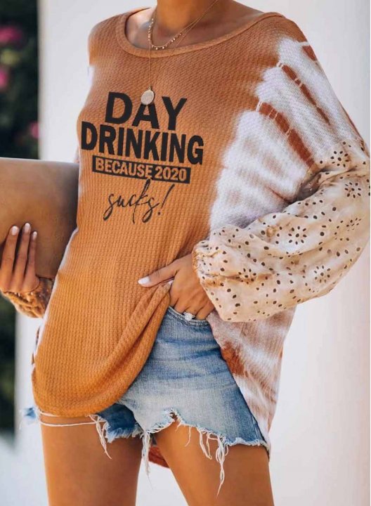 Tie Dye Day Drinking because 2020 Sucks Print Long Sleeve Off Shoulder Loose Tunic Sweatshirt