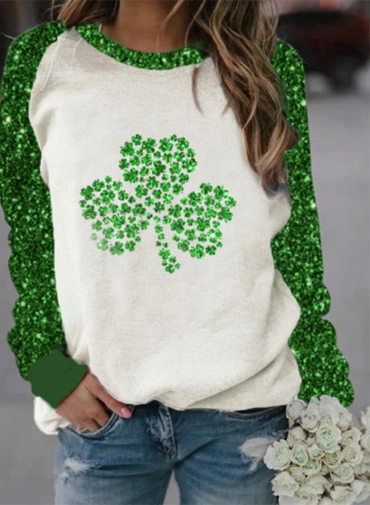 Women's St Patrick's Day Sweatshirt Casual Sequin Shamrock Color Block Round Neck Long Sleeve Daily Pullovers