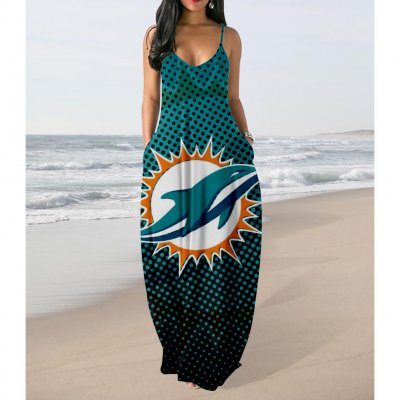 Women's Miami Dolphins Team Print Sling Pocket Sleeveless Loose Holiday Style Long Dress