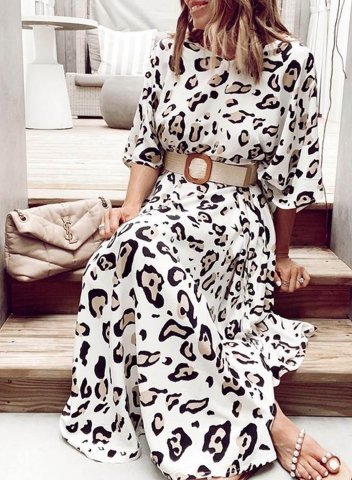 Women's Maxi Dress A-line Leopard Round Neck 3/4 Sleeve Boho Daily Maxi Dress