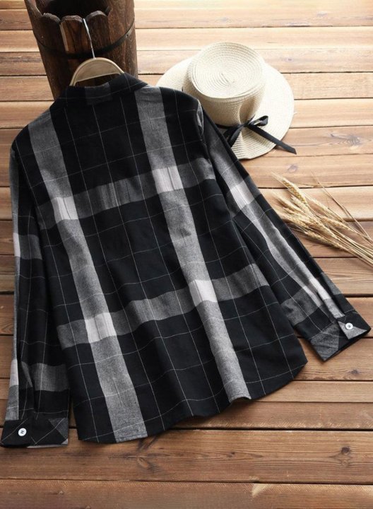 Women's Shirts Plaid Long Sleeve Turn Down Collar Office Vintage Shirt