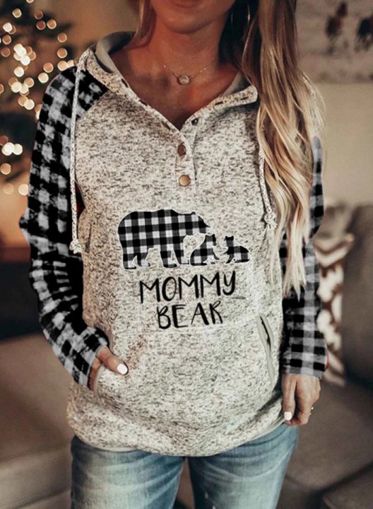 Women's Hooded Mommy Bear Plaid Sleeve Pocket Hoodie