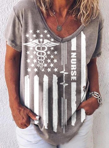 Women's American Flag T-shirts Short Sleeve V Neck Casual Daily T-shirts
