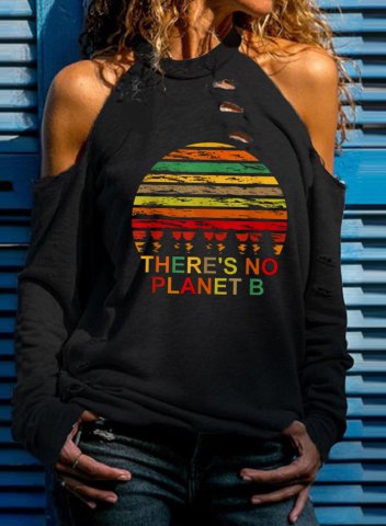Women's there is no planet b Print Sweatshirt Long Sleeve Round Neck Cold-shoulder Daily T-shirt