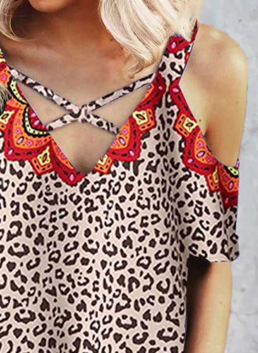 Women's T-shirts Leopard Tropical Cold Shoulder Half Sleeve V Neck Boho Casual Daily T-shirts