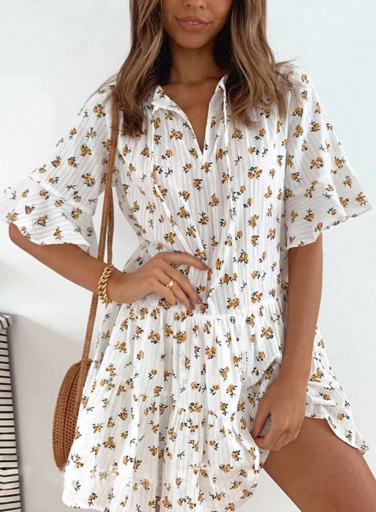 Women's Mini Dresses Fashion Floral Short Sleeve V Neck Vacation Boho Ruffle Dress