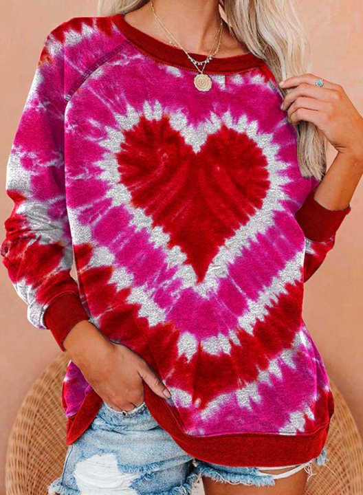 Women's Sweatshirts Heart Print Tie Dye Long Sleeve Round Neck Sweatshirt