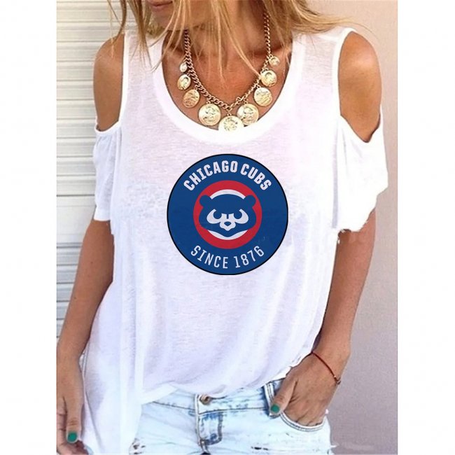 Round Neck Chicago Cubs Print Off-shoulder Short-sleeved Loose T-shirt