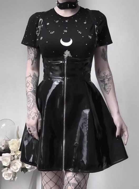 Women's Gothic Vintage Style Mini Dresses Solid Black A-line Spaghetti Criss Cross Party PVC Leather Dress