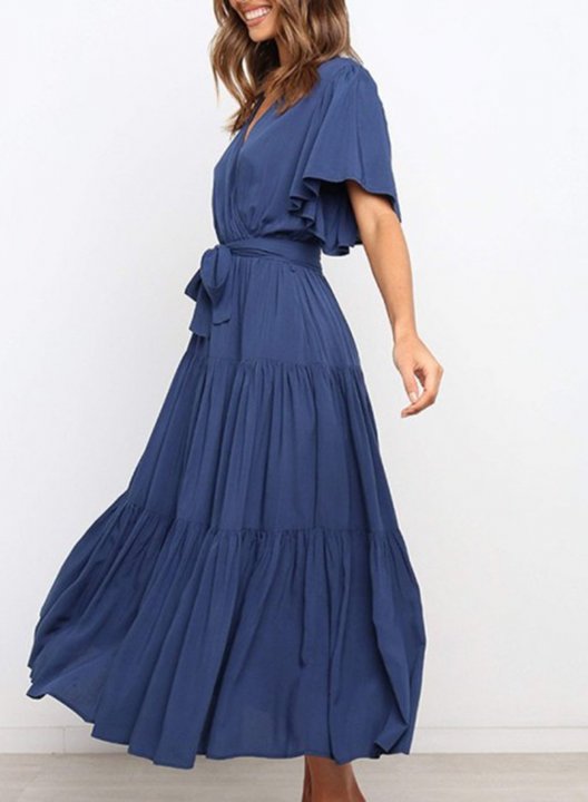 Women's Maxi Dresses Solid Short Sleeve Flare V Neck Belt-up Dress