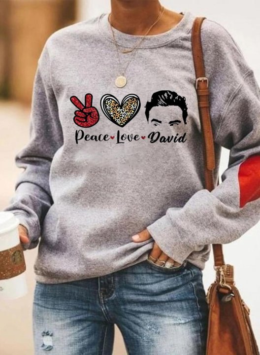 Women's Peace Love David Letter Print Sweatshirts Funny Long Sleeve Round Neck Casual Sweatshirt