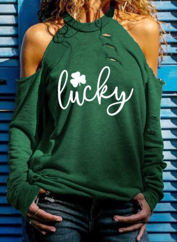 Women's Lucky Letter Print Clover Sweatshirt Long Sleeve Cold Shoulder Daily St. Patrick's Day T-shirt