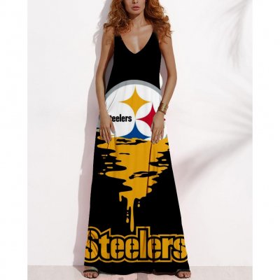 Women's Summer PITTSBURGH STEELERS Fan Print V-neck Sleeveless Loose Long A-line Dress