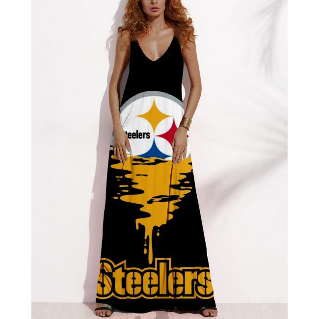 Women's Summer PITTSBURGH STEELERS Fan Print V-neck Sleeveless Loose Long A-line Dress