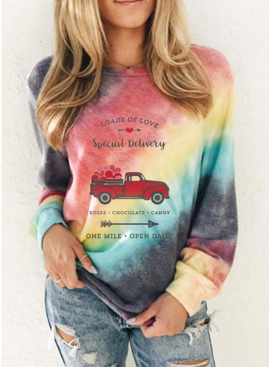 Women's Tie Dye Sweatshirts Round Neck Long Sleeve Color Block Letter Casual Sweatshirts