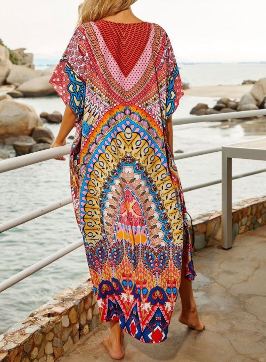 Women's Maxi Dresses Drawstring Shift Tribal Half Sleeve V Neck Boho Beach Maxi Dress