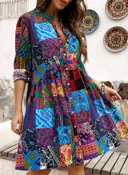 Women's Mini Dresses Color Block Boho Vintage Dress