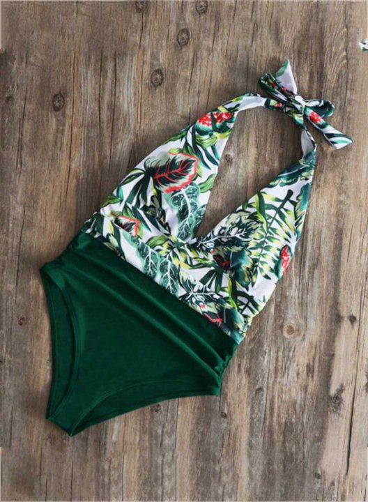 Women's One Piece Swimwear Floral V Neck Knot Vacation One-Piece Swimsuits One-Piece Bathing Suits