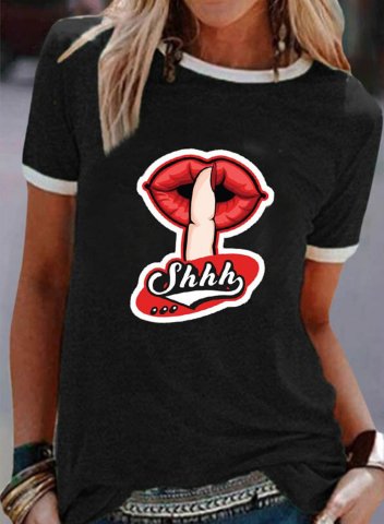 Women's T-shirts Color Block Letter Lips und Shhh Graphic Short Sleeve Round Neck Casual T-shirt