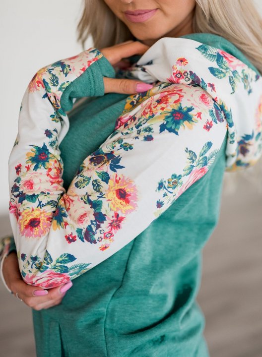 Women's Cowl Neck Hooded Floral Pocketed Sweatshirt