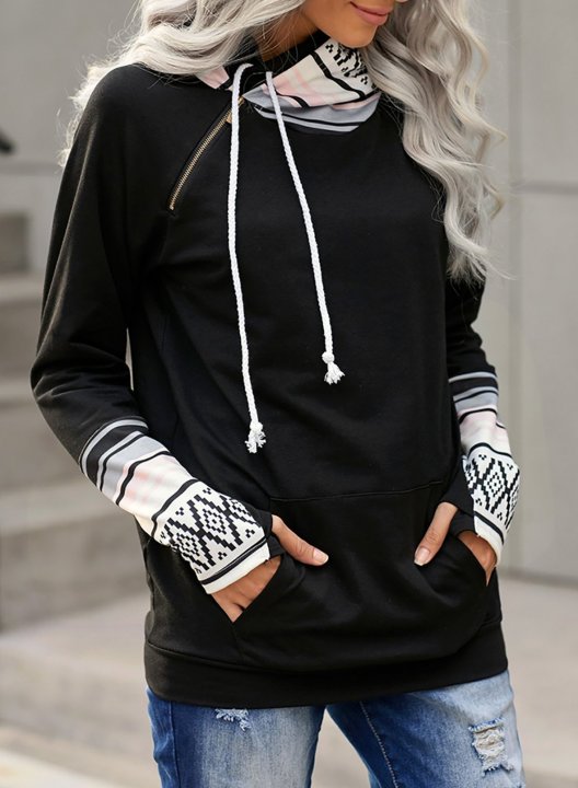 Long Sleeve Color Block Casual Hoodie