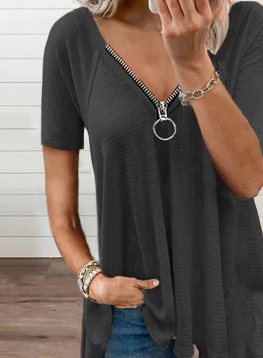 Women's Tunic Tops Solid Zip-up Cut-out Short Sleeve V Neck Casual Daily Tunic Tops