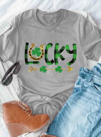 Women's St Patrick's Day Lucky T-shirts Plaid Lucky Clover Print Short Sleeve Round Neck Daily T-shirt