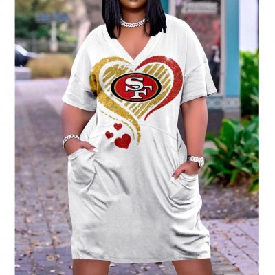 Women's San Francisco 49ers Team Fan Print Pocket Short-sleeved V-Neck Casual Knitted Cotton Dress