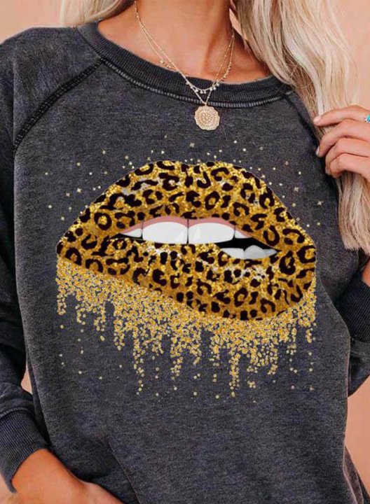 Women's Sweatshirts Leopard Lip Print Sequin Long Sleeve Round Neck Sweatshirt