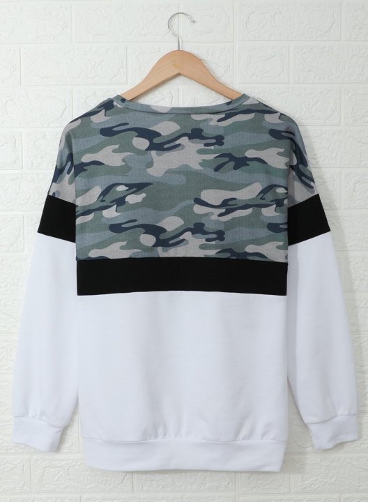 Camouflage/Color Block Long Sleeve Round Neck Basic Sweatshirt