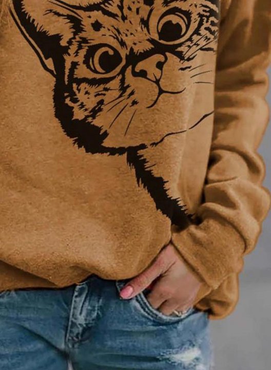 Solid Cat Print Round Neck Long Sleeve Sweatshirt