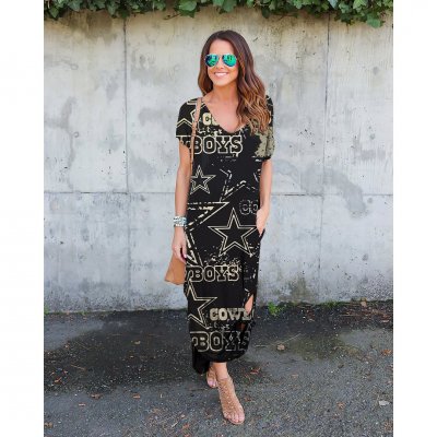 V-neck Cowboys Print Short-Sleeved Loose Long Dress